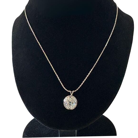 RARE 1984 Silvertone Aqua Filigree Pendant by Avon | 18" | Victorian Era | NIB - Picture 1 of 3